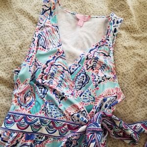 Lilly Pulitzer Aqua, Pink & Navy One-Shoulder Wrap Dress